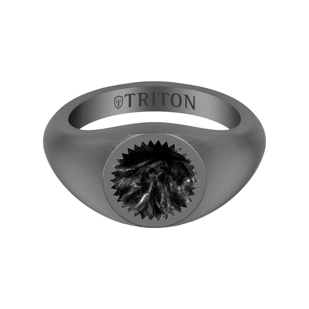 Brushed Black Rhodium Sterling Silver Essentials Signet Ring with Ceram8 Full Moon Inlay and J Curved Edge