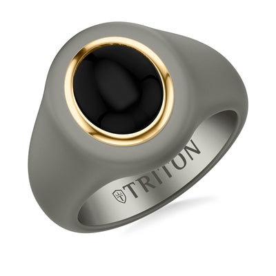 On-Trend Titanium Open Signet Ring with Oval Bezel  Black Onyx Center and 18K Yellow Gold Plating over Sterling Silver