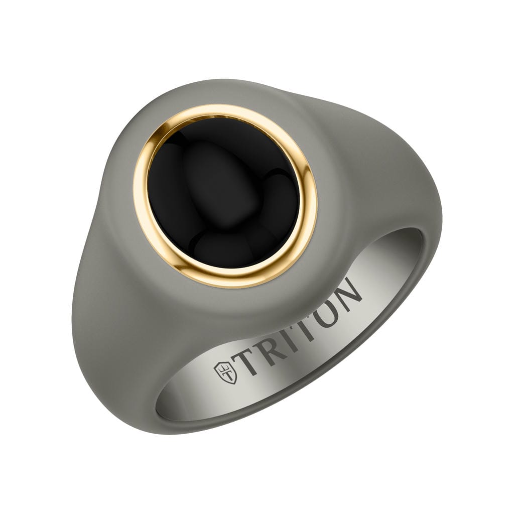 On-Trend Titanium Open Signet Ring with Oval Bezel  Black Onyx Center and 18K Yellow Gold Plating over Sterling Silver
