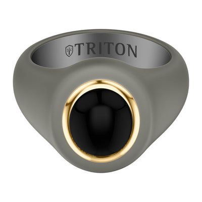 On-Trend Titanium Open Signet Ring with Oval Bezel  Black Onyx Center and 18K Yellow Gold Plating over Sterling Silver