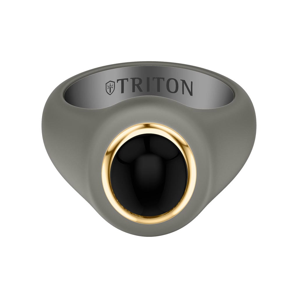 On-Trend Titanium Open Signet Ring with Oval Bezel  Black Onyx Center and 18K Yellow Gold Plating over Sterling Silver