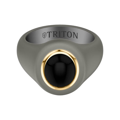 On-Trend Titanium Open Signet Ring with Oval Bezel  Black Onyx Center and 18K Yellow Gold Plating over Sterling Silver