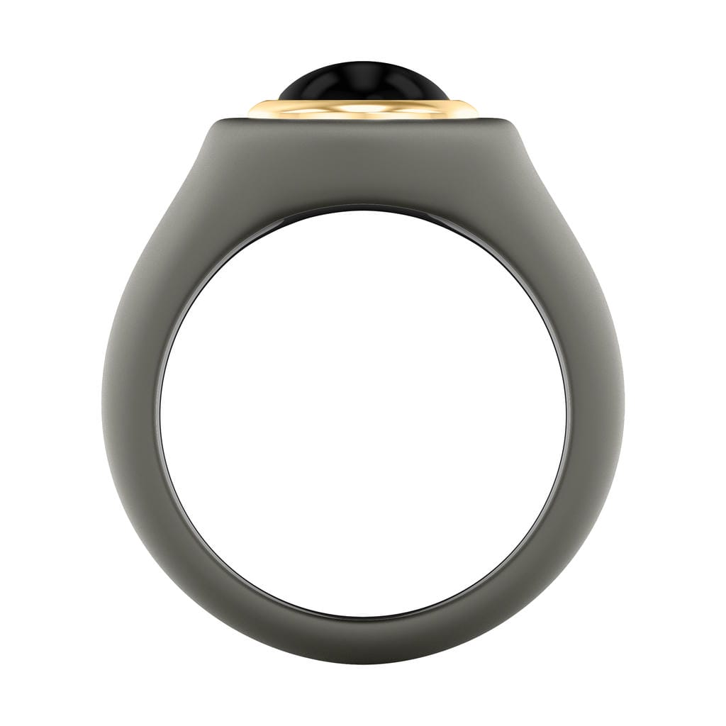 On-Trend Titanium Open Signet Ring with Oval Bezel  Black Onyx Center and 18K Yellow Gold Plating over Sterling Silver