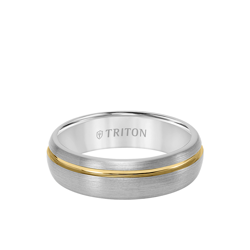 Mens Grey Tungsten Wedding Ring with Yellow Asymmetrical Line