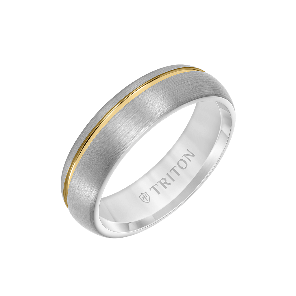 Mens Grey Tungsten Wedding Ring with Asymmetrical Yellow Line