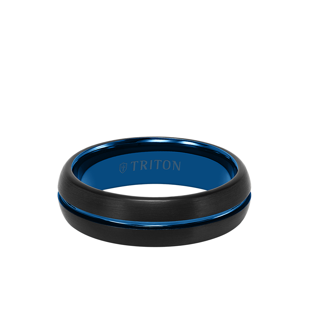 Mens 6.5MM Black & Blue Tungstnen Ring