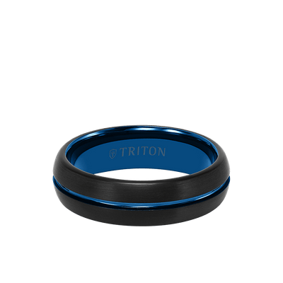 Mens 6.5MM Black & Blue Tungstnen Ring