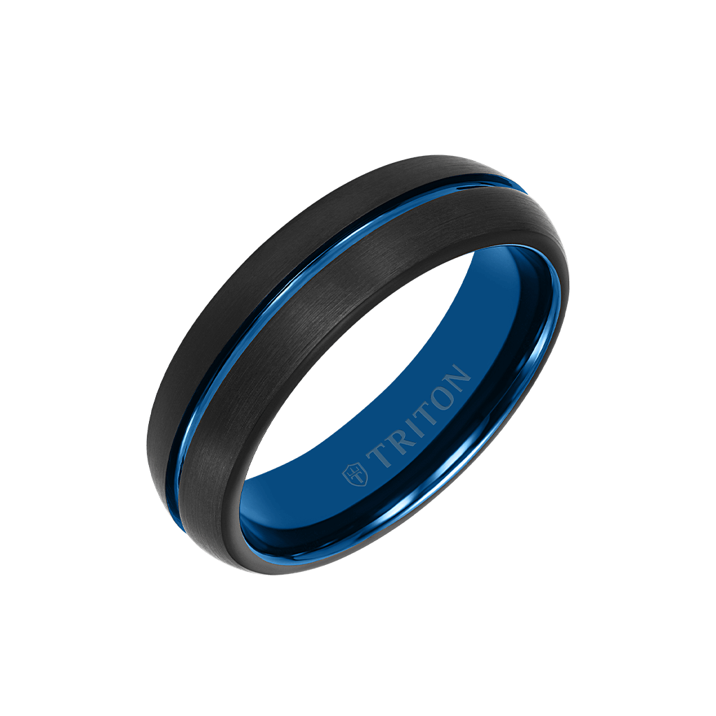 Mens 6.5MM Black & Blue Tungsten Ring