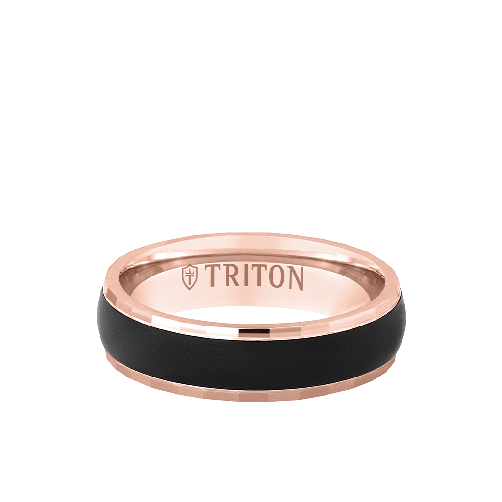 6MM 14k Rose Gold Ring + Black Titanium Inlay with Dome Profile and Faceted Edge
