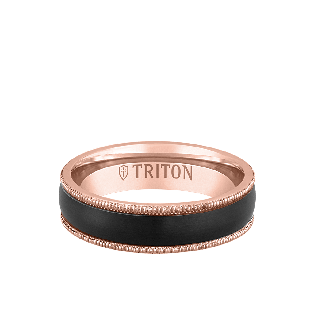 6MM 14k Rose Gold Ring + Black Titanium Inlay with Milgrain Edge