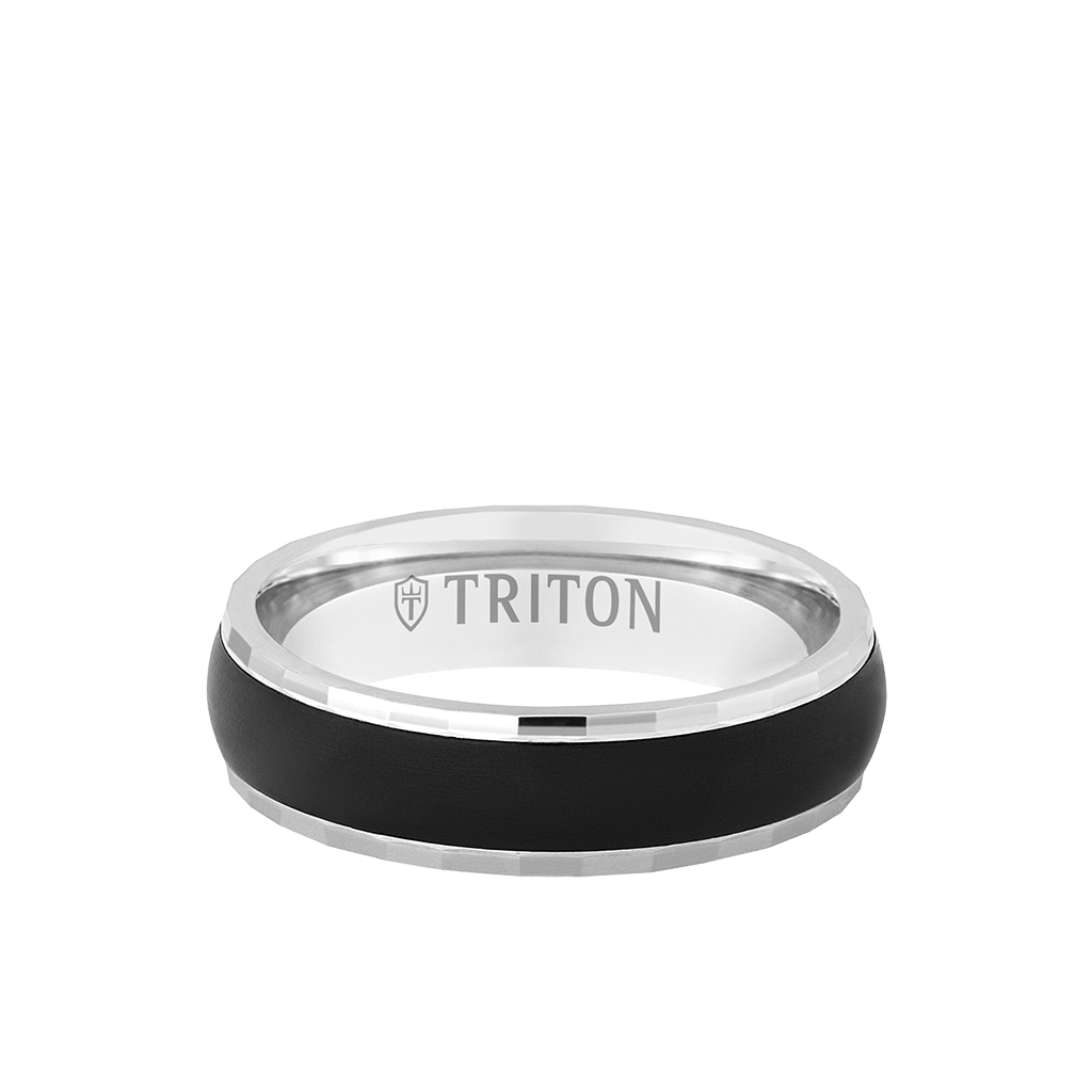 6MM 14k Whte Gold Ring + Black Titanium Inlay with Dome Profile and Faceted Edge