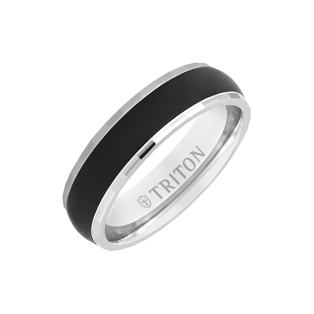 6MM 14k Whte Gold Ring + Black Titanium Inlay with Dome Profile and Faceted Edge