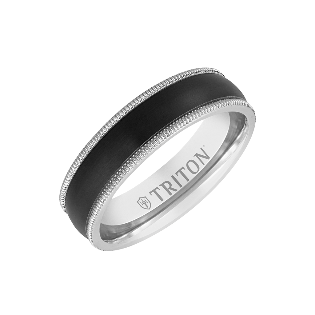 6MM 14k Whte Gold Ring + Black Titanium Inlay with Milgrain Edge