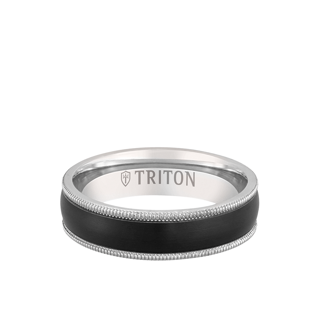 6MM 14k Whte Gold Ring + Black Titanium Inlay with Milgrain Edge