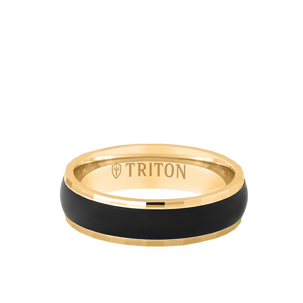6MM 14k Yellow Gold Ring + Black Titanium Inlay with Dome Profile and Faceted Edge