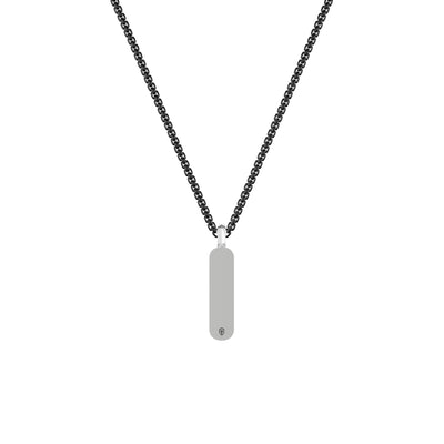 22" Sterling Silver Box Chain with On-Trend 36MM Skinny Vertical Dog Tag Pendant with Pave Black Sapphires and Black Rhodium Prongs