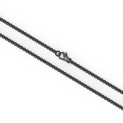 22" Sterling Silver Box Chain with On-Trend 36MM Skinny Vertical Dog Tag Pendant with Pave Black Sapphires and Black Rhodium Prongs