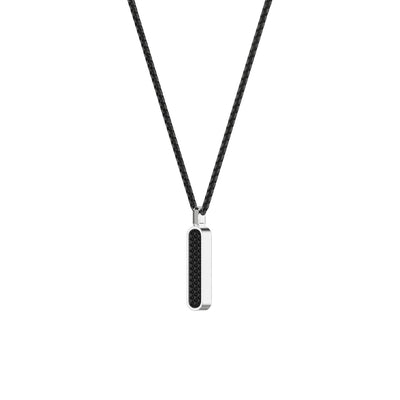 22" Sterling Silver Box Chain with On-Trend 36MM Skinny Vertical Dog Tag Pendant with Pave Black Sapphires and Black Rhodium Prongs