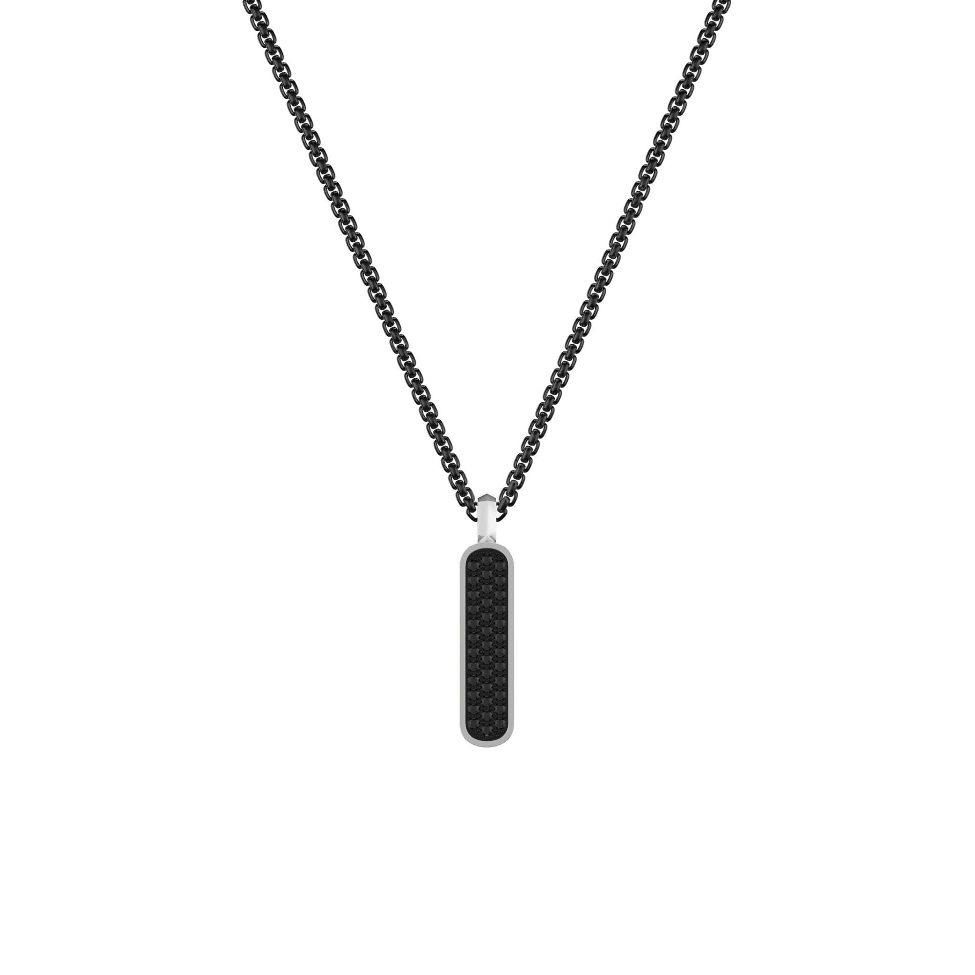22" Sterling Silver Box Chain with On-Trend 36MM Skinny Vertical Dog Tag Pendant with Pave Black Sapphires and Black Rhodium Prongs