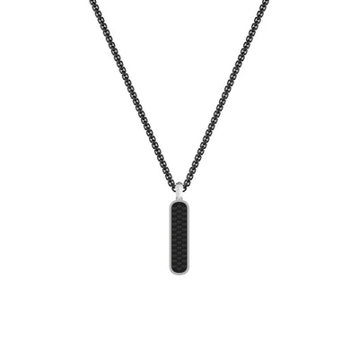 22" Sterling Silver Box Chain with On-Trend 36MM Skinny Vertical Dog Tag Pendant with Pave Black Sapphires and Black Rhodium Prongs