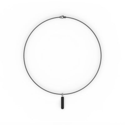22" Sterling Silver Box Chain with On-Trend 36MM Skinny Vertical Dog Tag Pendant with Pave Black Sapphires and Black Rhodium Prongs