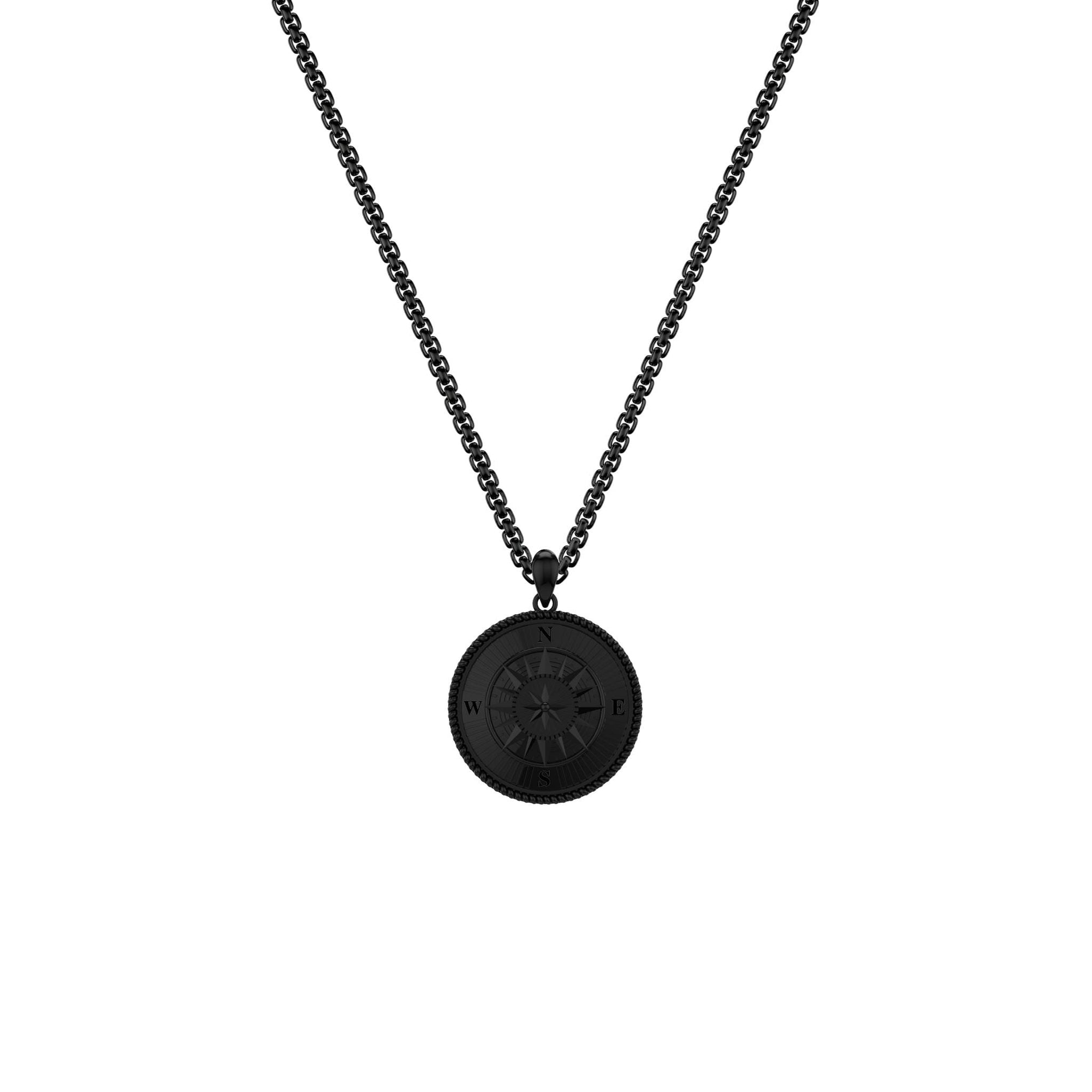 24" On-Trend Black Ruthenium over Sterling Silver Box Chain with Compass Pendant