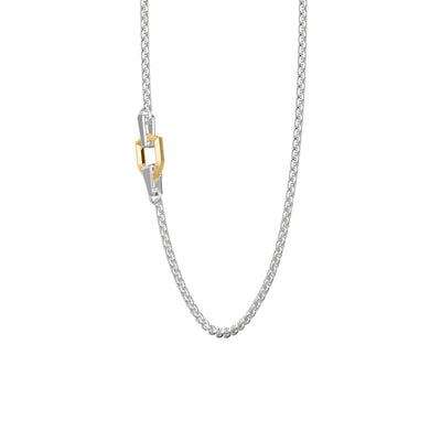 24" Inch Shield Sterling Silver Box Chain Necklace with Bold 14/18K Yellow Gold Placed Shield Accent and Silver Rhodium Finish
