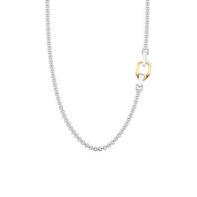 24" Inch Shield Sterling Silver Box Chain Necklace with Bold 14/18K Yellow Gold Placed Shield Accent and Silver Rhodium Finish