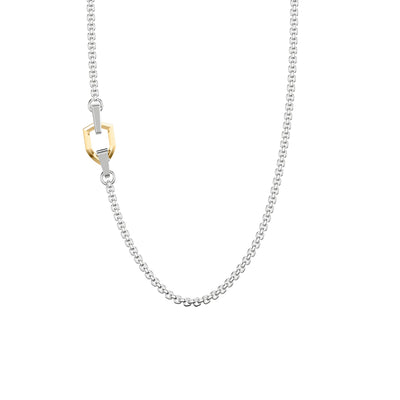 24" Inch Shield Sterling Silver Box Chain Necklace with Bold 14/18K Yellow Gold Placed Shield Accent and Silver Rhodium Finish