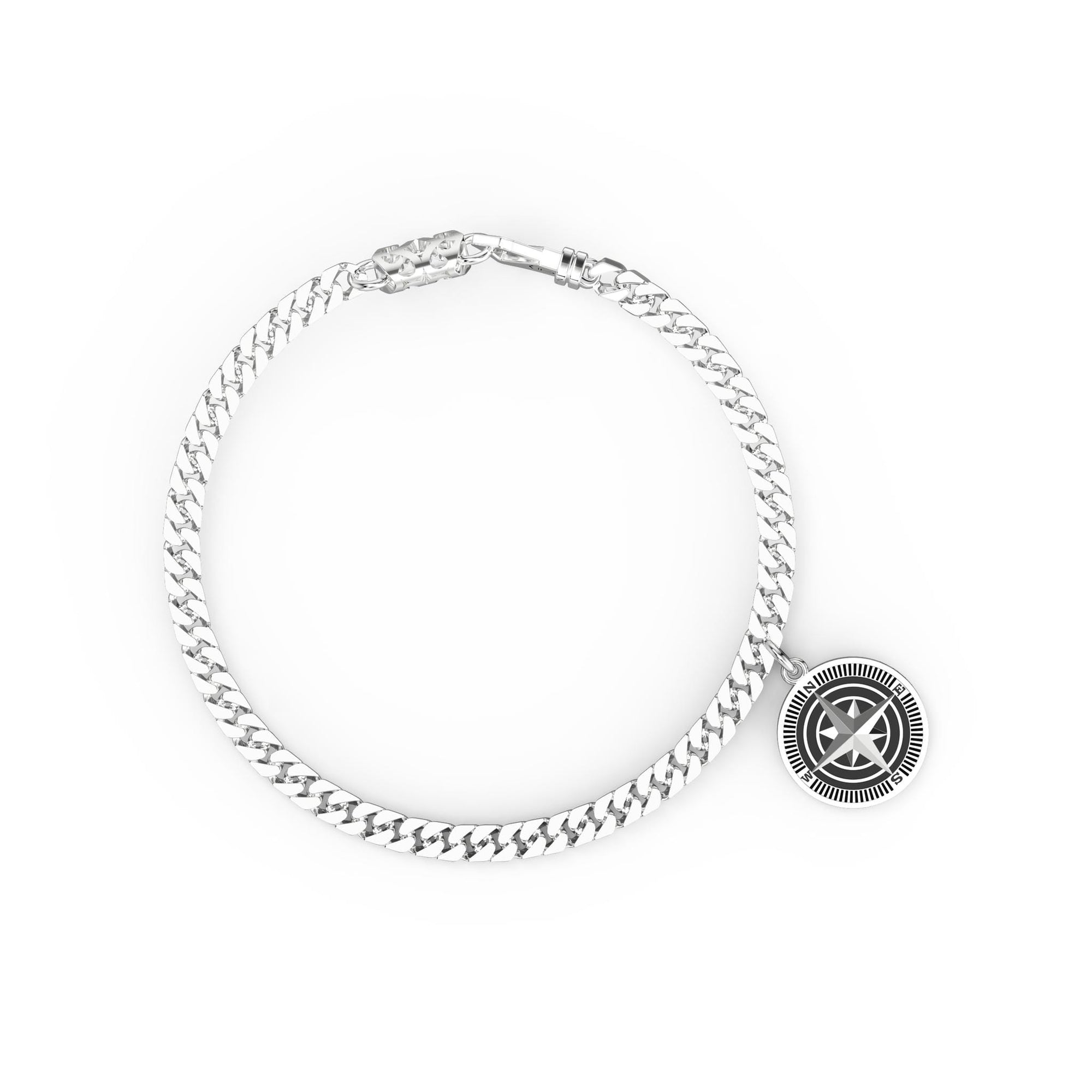 8" On-Trend Sterling Silver Curb Link Bracelet with Silver Compass Charm and Silver Rhodium Finish