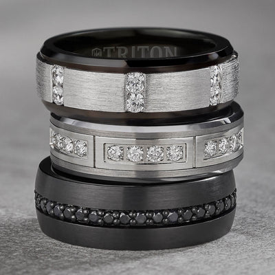 8MM Tungsten Diamond Ring - Vertical Channel Set Silver Satin Finish and Bevel Edge