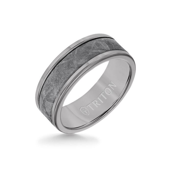 8MM Grey Tungsten Carbide Ring - Meteorite Insert with Round Edge