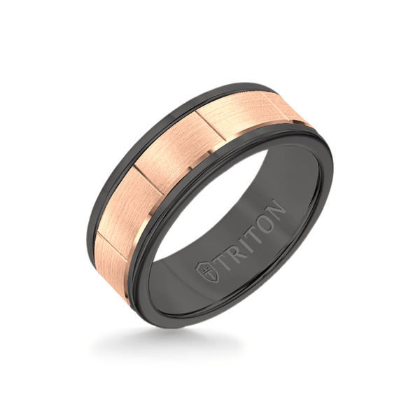 8MM Black Tungsten Carbide - Vertical Cut 14K Rose Gold insert with ...