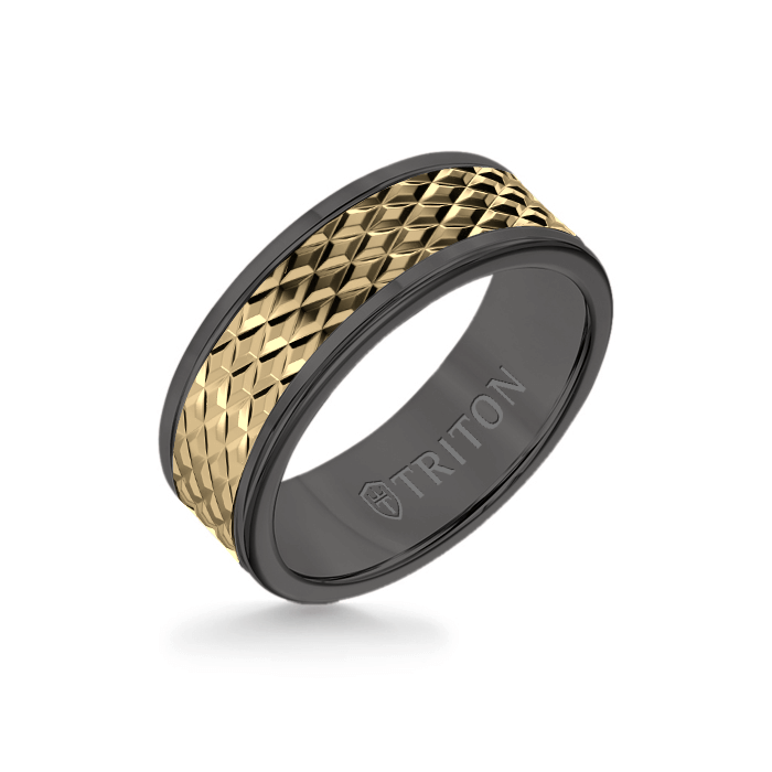 8MM Black Tungsten Carbide Ring - Rhombus 14K Yellow Gold Insert with Round Edge