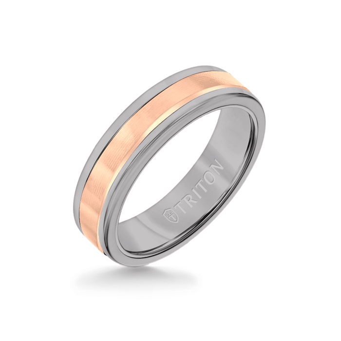 6MM Grey Tungsten Carbide Ring - Linear 14K Rose Gold Insert with Round Edge