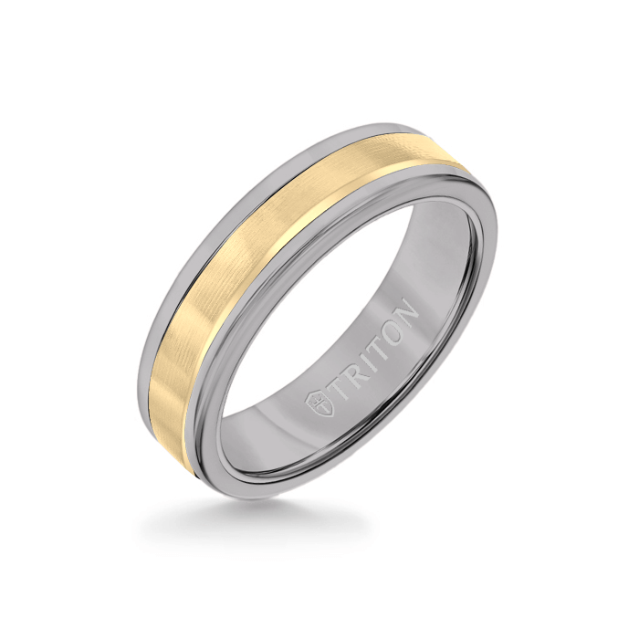 6MM Grey Tungsten Carbide Ring - Linear 14K Yellow Gold Insert with Round Edge