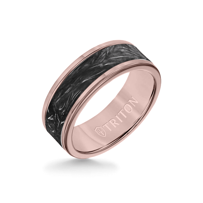 8MM Rose Tungsten Carbide Ring - Forged Carbon Flat Insert with Round Edge