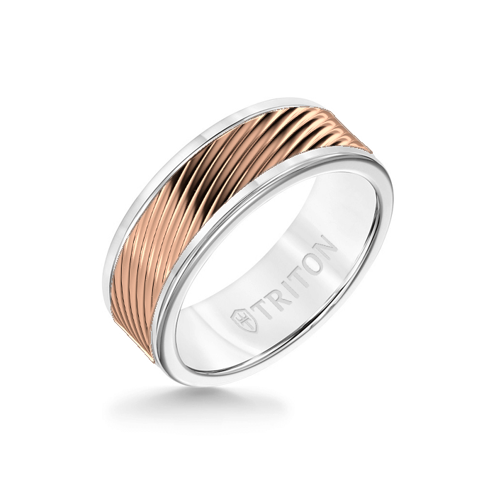 8MM White Tungsten Carbide Ring – 3D Wave 14K Rose Gold Insert with Round Edge