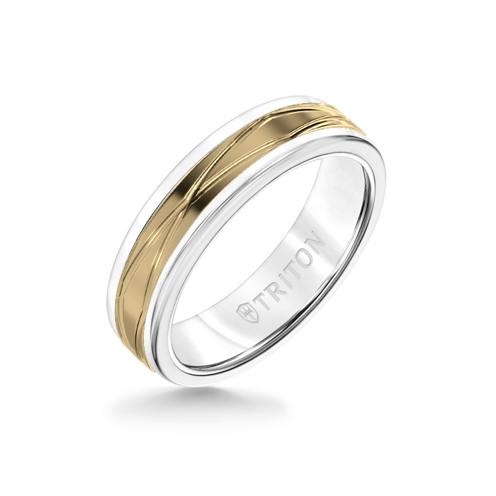 6MM White Tungsten Carbide Ring – Oblong Infinity 14K Yellow Gold Insert with Round Edge