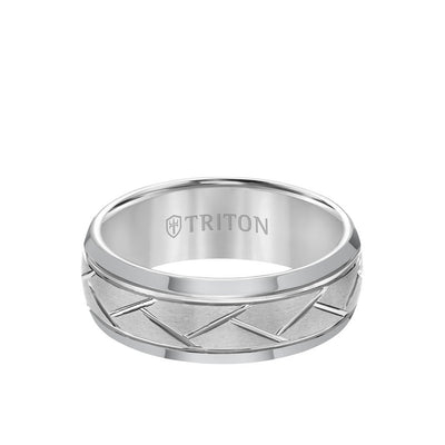 8MM Tungsten Carbide Ring - Domed Alternating Diagonal Cuts and Bevel Edge
