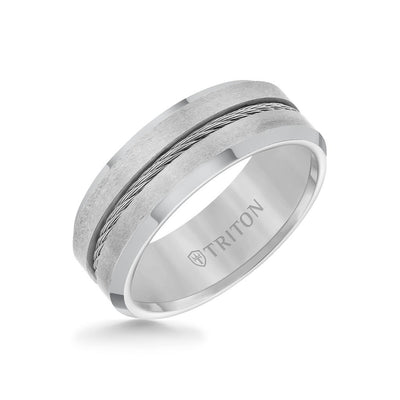 8MM Tungsten Carbide Ring - Steel Cable Center and Bevel Edge