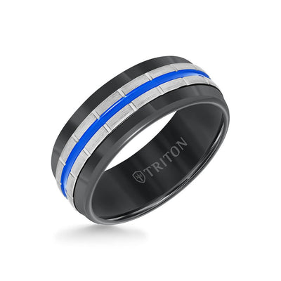 8.5MM Tungsten Carbide Ring - Center Stripe and Flat Edge