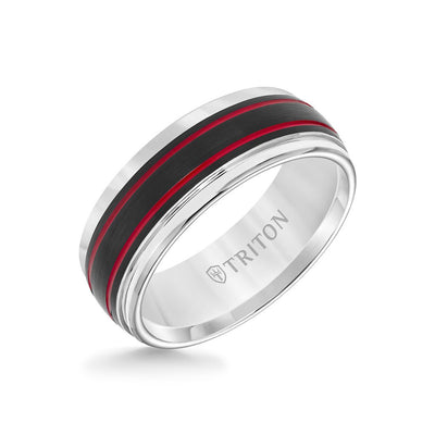 8MM Tungsten Carbide Ring - Black Matte Center Stripe and Bevel Edge