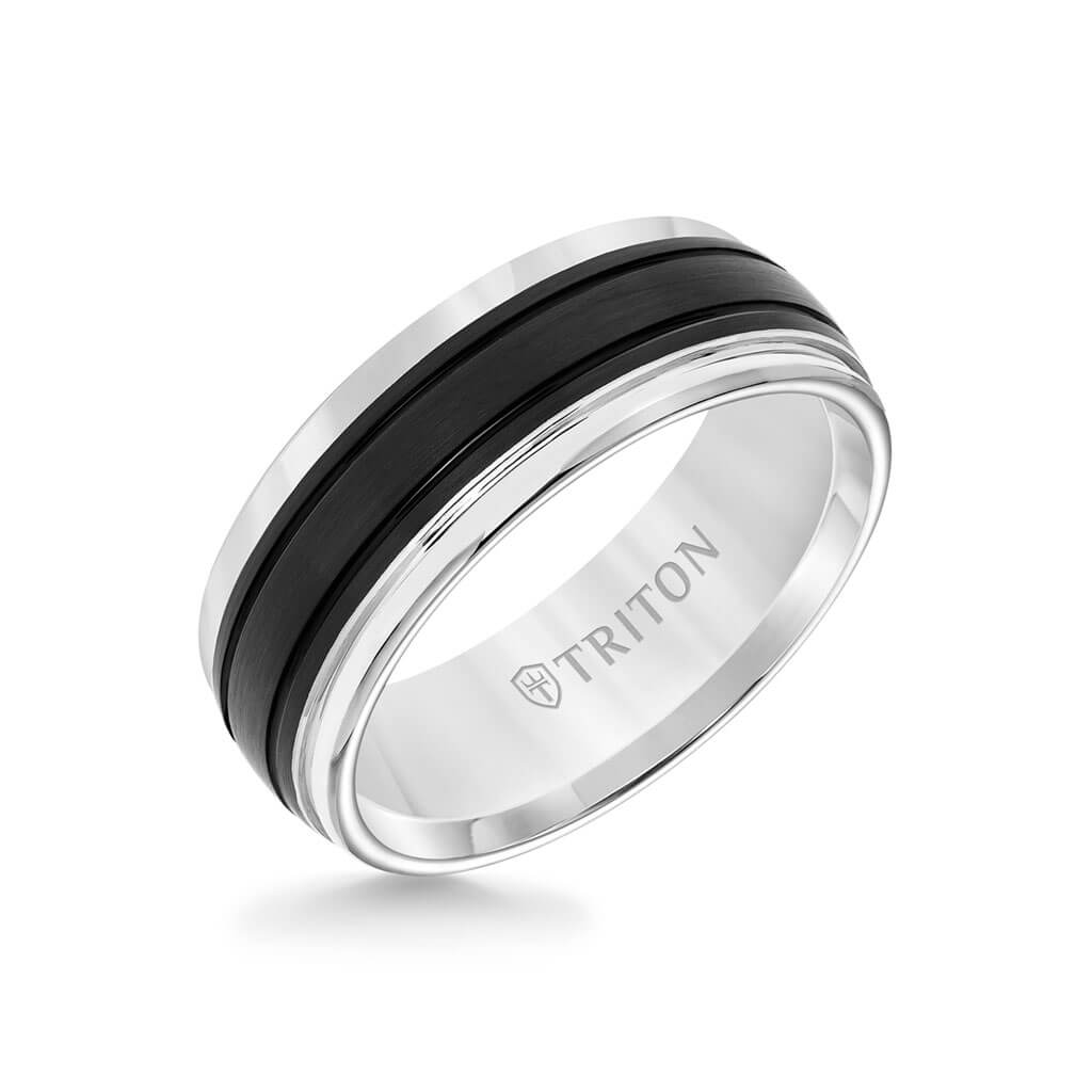 8MM Tungsten Carbide Ring - Gunmetal Tire Tread Center and Bevel Edge -  Triton Jewelry