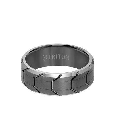 8MM Tungsten Carbide Ring - Gunmetal Tire Tread Center and Bevel Edge