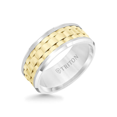 9MM Tungsten Carbide Ring - Basketweave Center and Bevel Edge