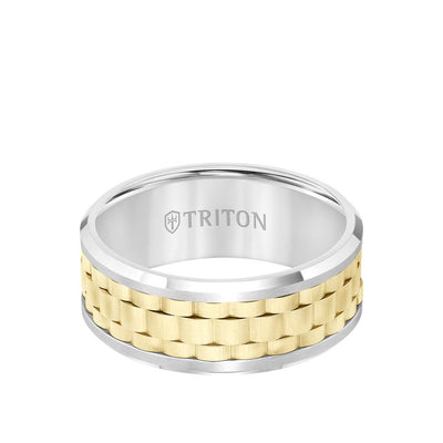 9MM Tungsten Carbide Ring - Basketweave Center and Bevel Edge