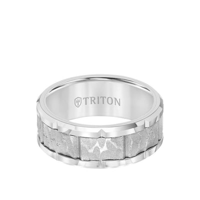 9MM Tungsten Carbide Ring - Sandblasted Distressed Center, Bevel Edge & Bright Rims