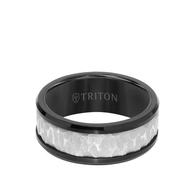 9MM Tungsten Carbide Ring - Sandblasted Distressed Center, Bevel Edge & Polished Rims