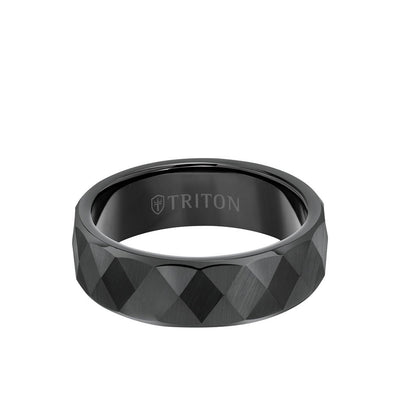 7MM Tungsten Carbide Ring - Faceted Diamond Pattern and Flat Edge